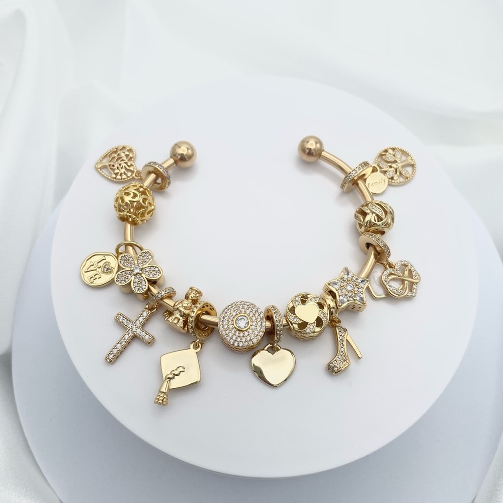 Linx Stainless Yellow Gold Open Bangle with Religious Graduation Themed Charms